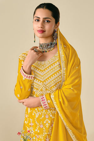 Yellow Floral Embroidered Chinon Palazzo Suits