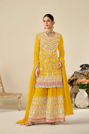 Yellow Floral Embroidered Chinon Palazzo Suits