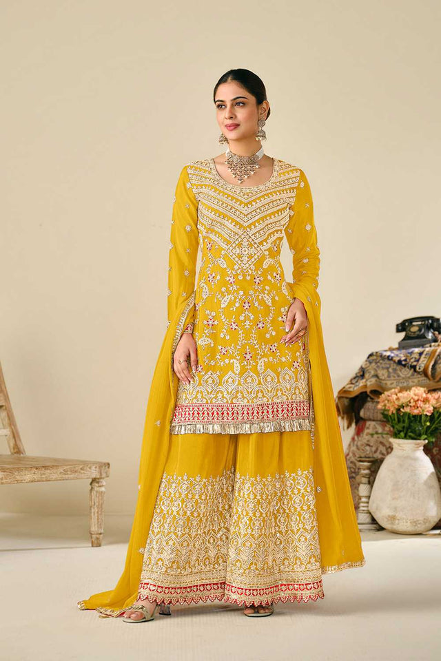 Yellow Floral Embroidered Chinon Palazzo Suits