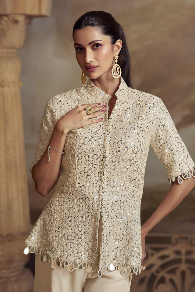 Cream Sequin with Embroidered Georgette Co-Ord Set