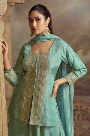 Blue Floral Embroidered Viscose Palazzo Suits