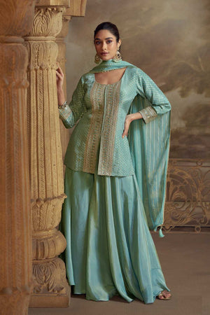 Blue Floral Embroidered Viscose Palazzo Suits