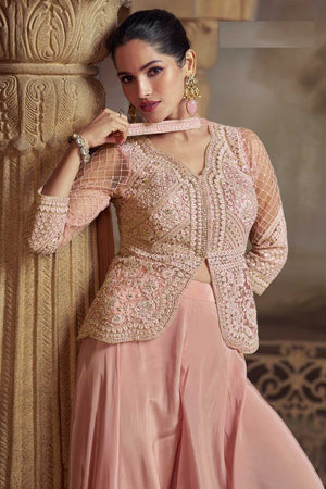 Pink Floral Embroidered Net Palazzo Suits
