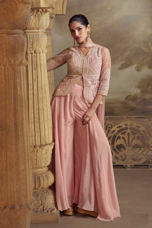 Pink Floral Embroidered Net Palazzo Suits