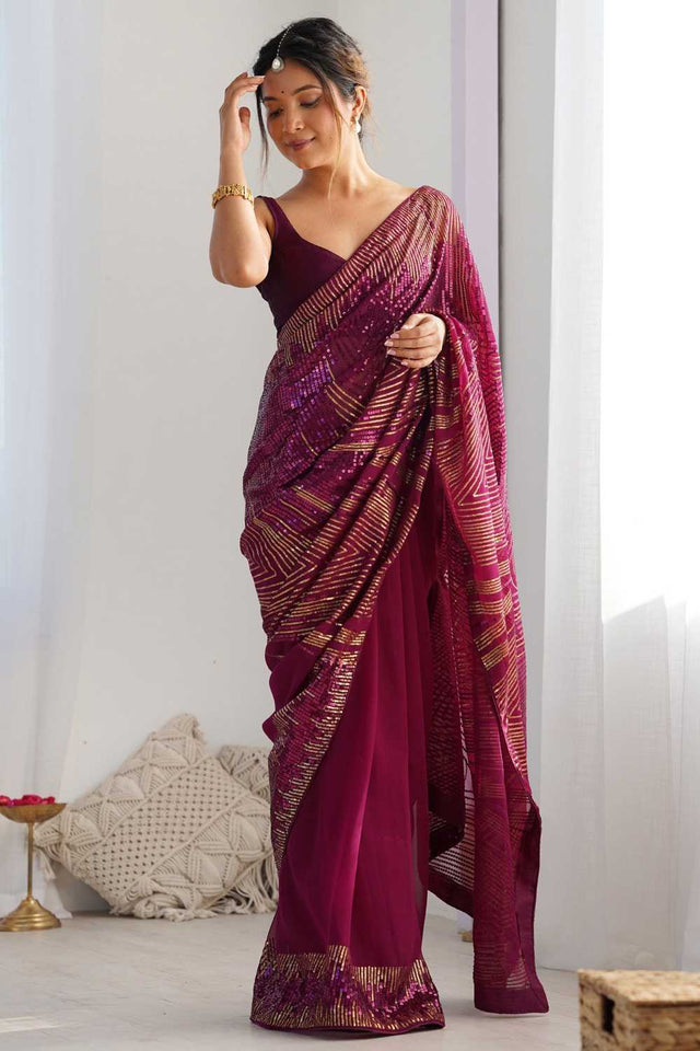 Wine Sequin Georgette Saree
