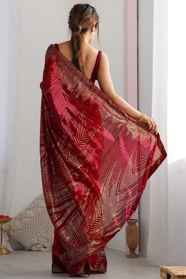Red Sequin Georgette Saree