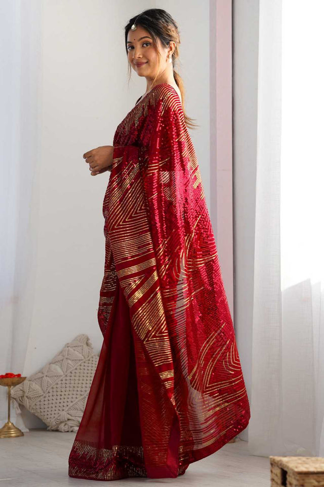 Red Sequin Georgette Saree
