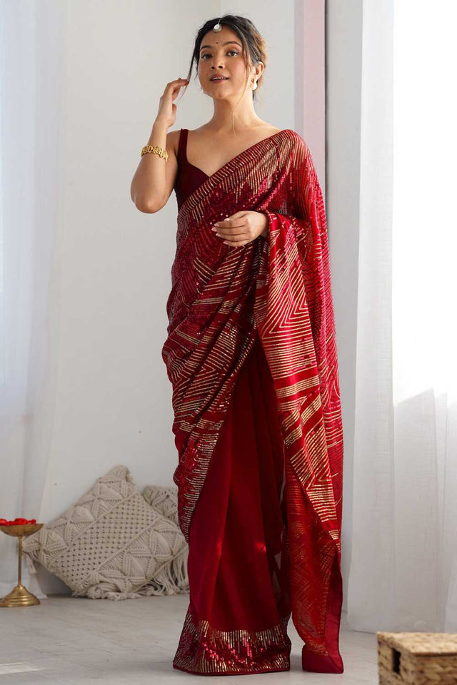 Red Sequin Georgette Saree
