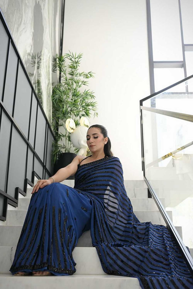 Blue Embroidered Georgette Saree