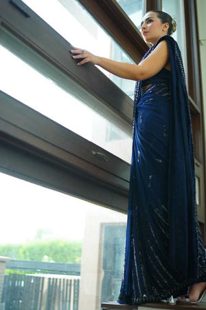 Blue Embroidered Georgette Saree