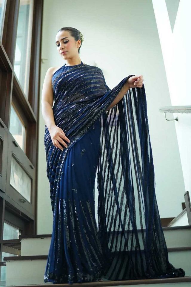 Blue Embroidered Georgette Saree