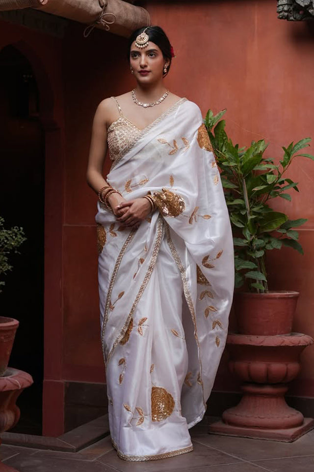 White Embroidered Silk Saree