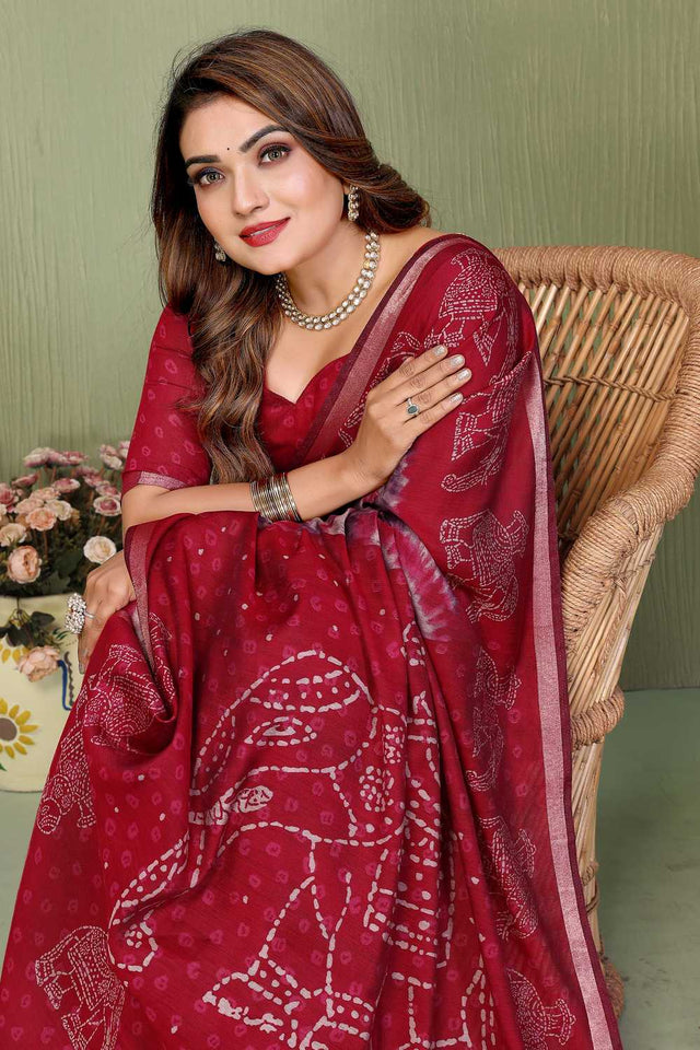 Maroon Printed Cotton Saree