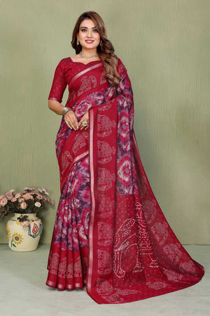 Maroon Printed Cotton Saree