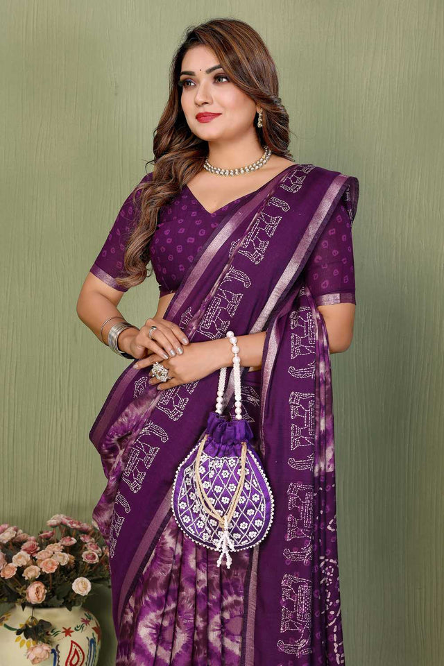 Purple Printed Cotton Saree