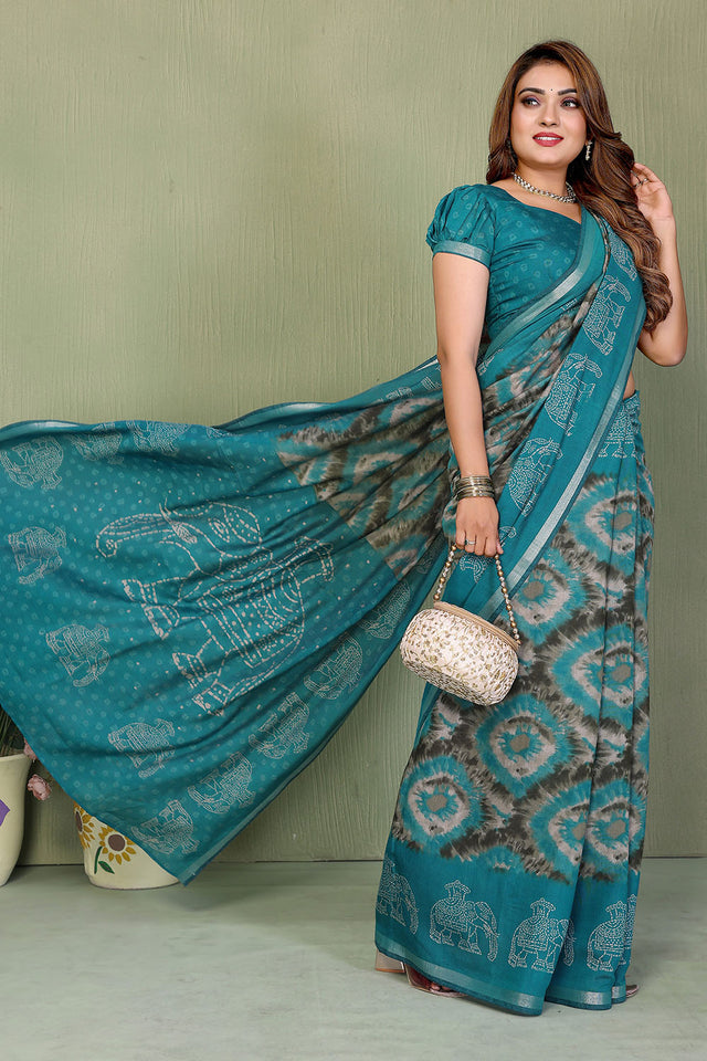 Turquoise Printed Cotton Saree