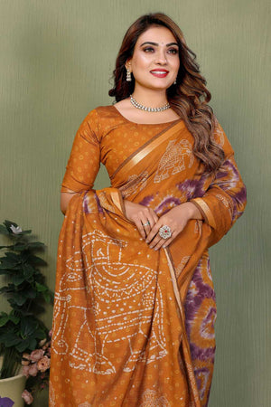 Mustard Printed Cotton Saree