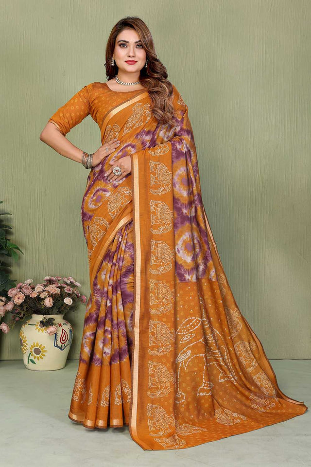 Mustard Printed Cotton Saree
