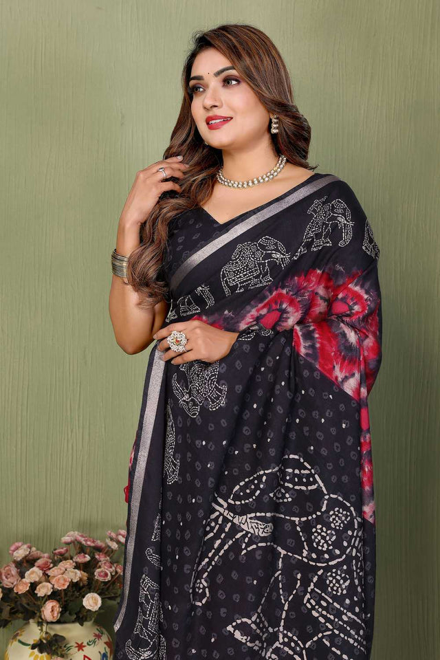 Black Printed Cotton Saree