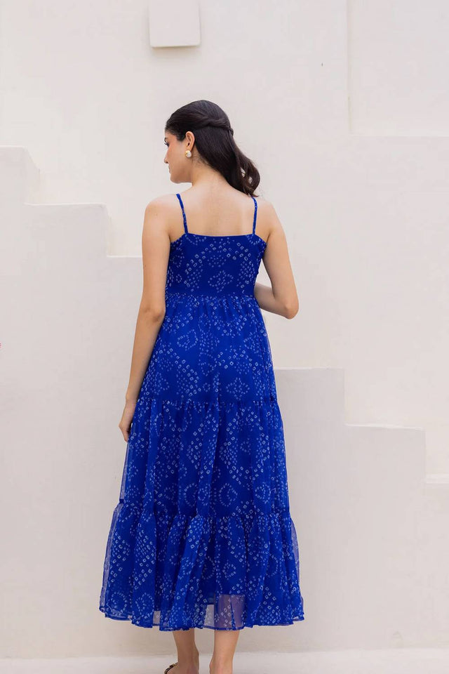 Blue Bandhani Printed Georgette Long Dresses