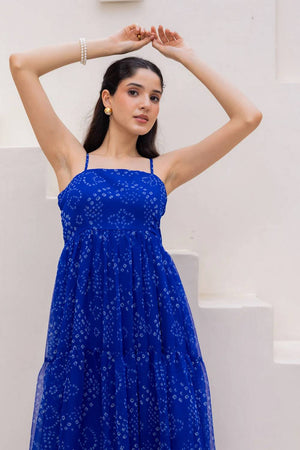 Blue Bandhani Printed Georgette Long Dresses