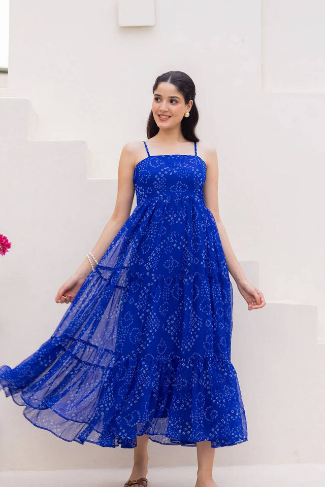 Blue Bandhani Printed Georgette Long Dresses