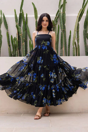 Black Floral Printed Georgette Long Dresses