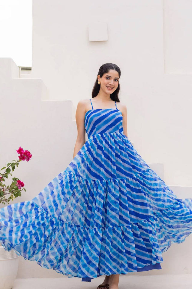 Blue Stripe Georgette Long Dresses