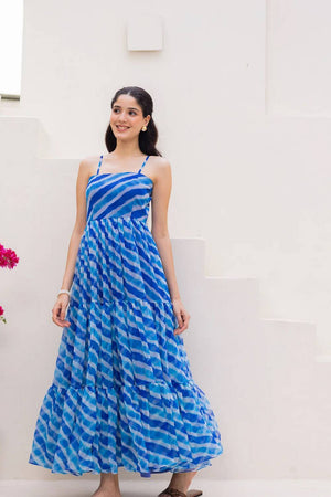 Blue Stripe Georgette Long Dresses