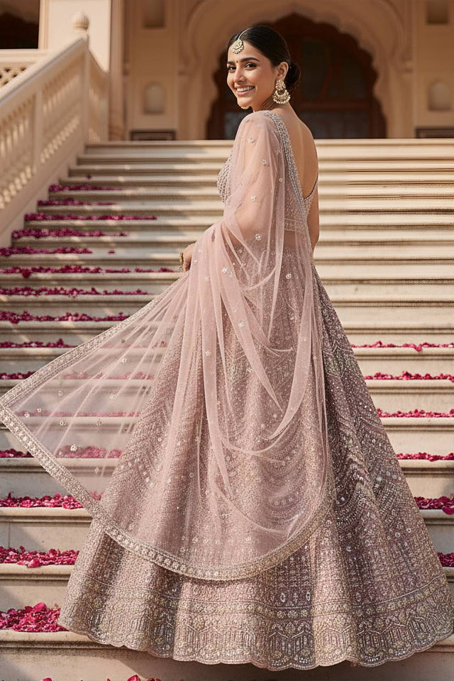 Pink Sequin with Stone Embossed Net Lehenga