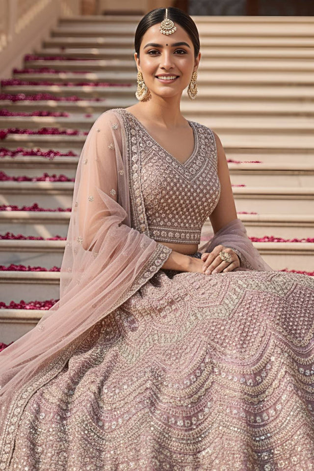 Pink Sequin with Stone Embossed Net Lehenga