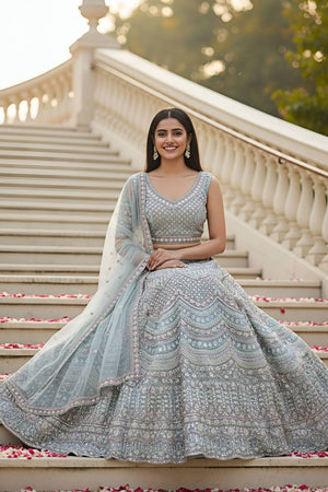 Blue Sequin with Stone Embossed Net Lehenga