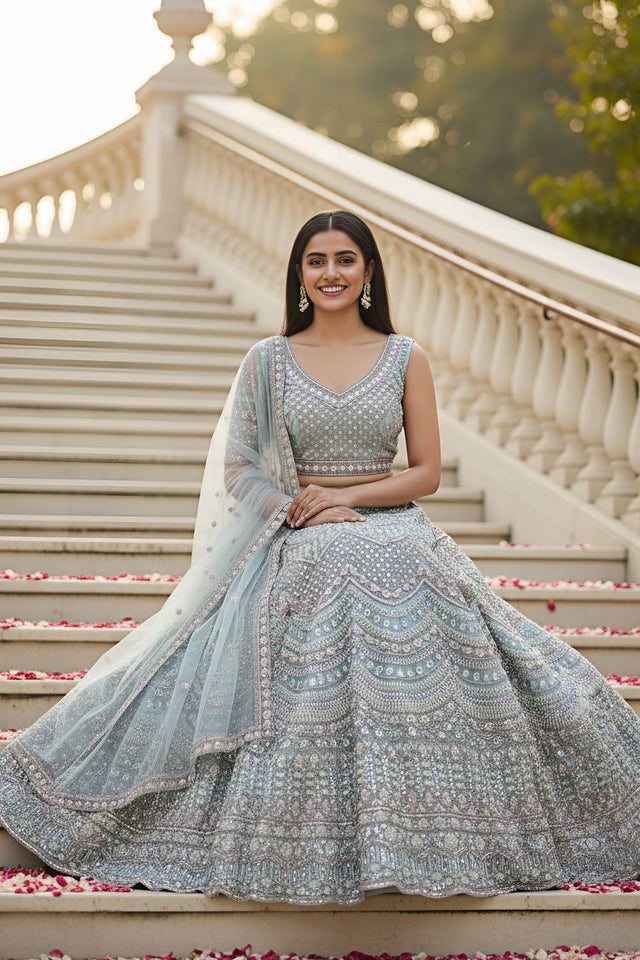 Blue Sequin with Stone Embossed Net Lehenga