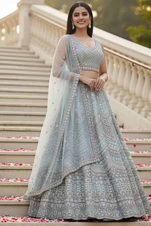 Blue Sequin with Stone Embossed Net Lehenga