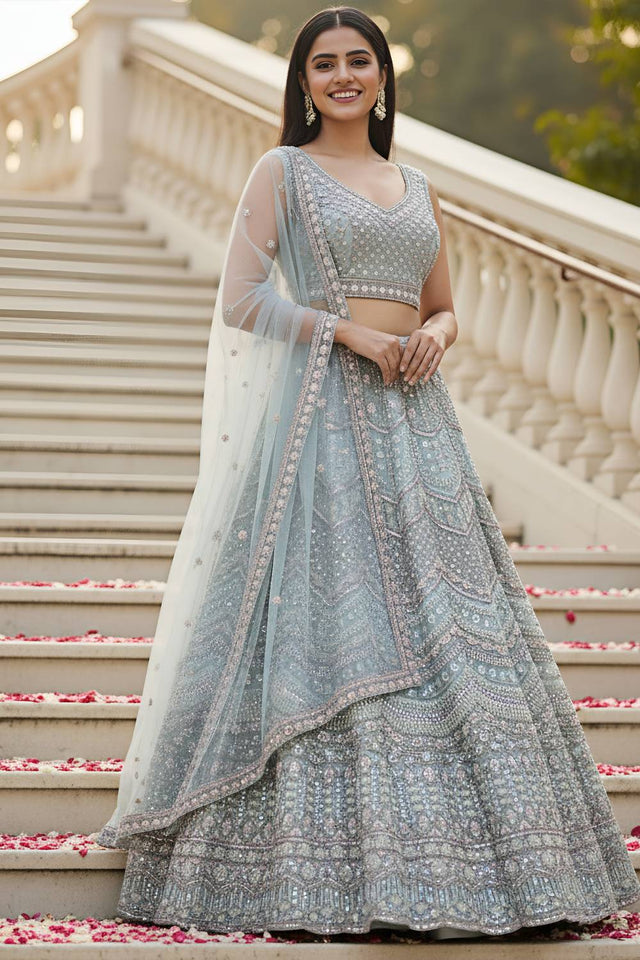 Blue Sequin with Stone Embossed Net Lehenga
