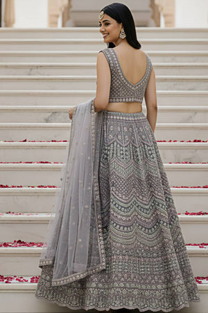 Grey Sequin with Stone Embossed Net Lehenga