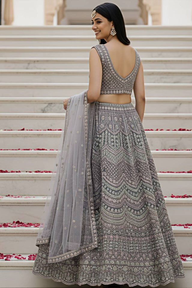 Grey Sequin with Stone Embossed Net Lehenga