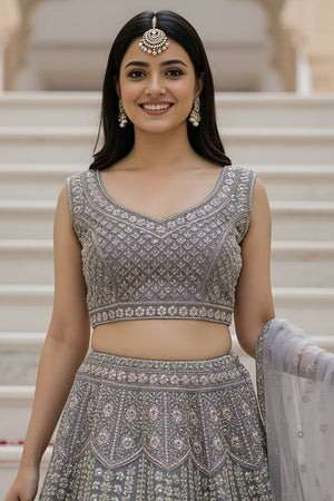 Grey Sequin with Stone Embossed Net Lehenga