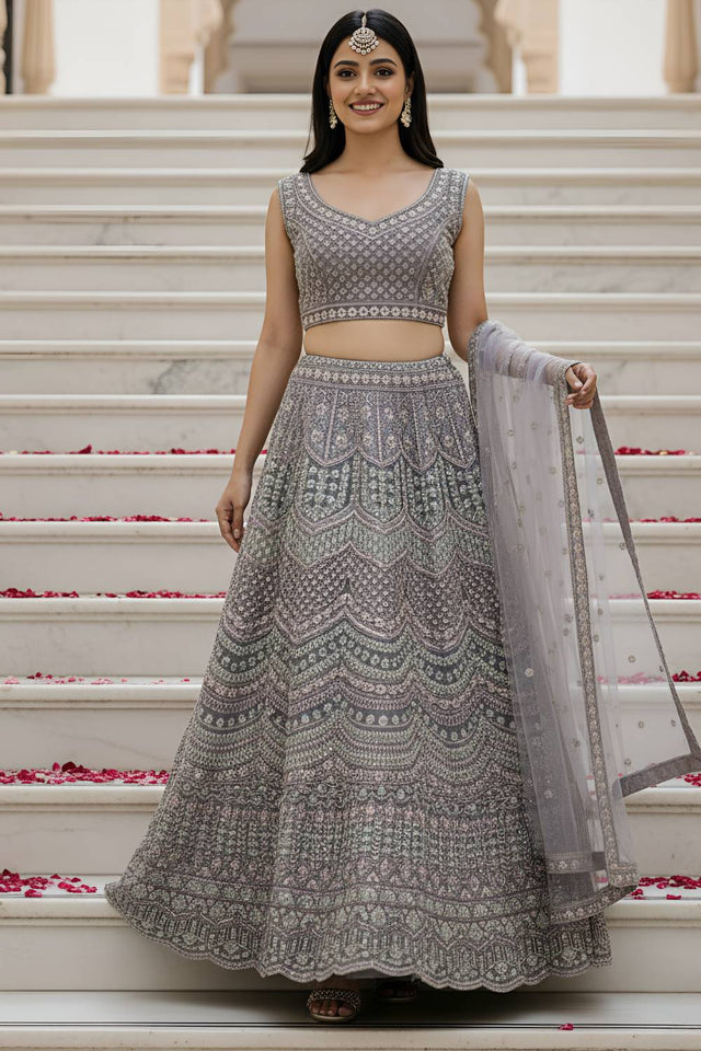 Grey Sequin with Stone Embossed Net Lehenga