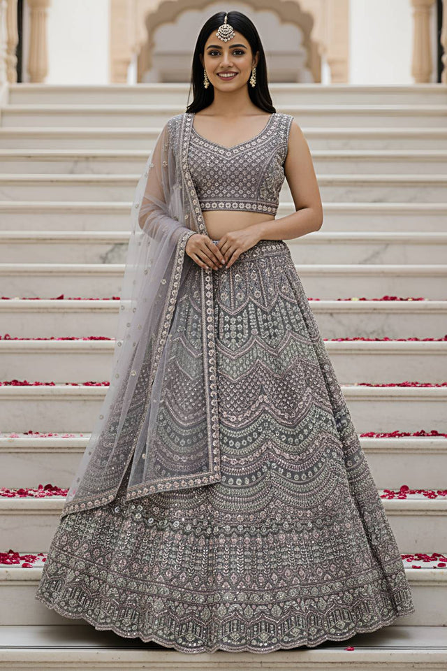 Grey Sequin with Stone Embossed Net Lehenga