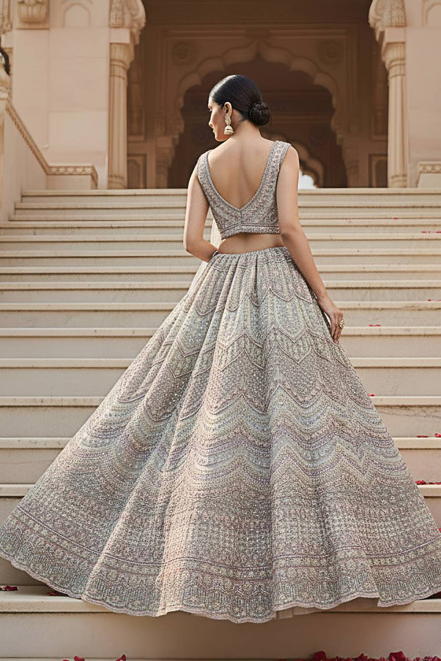 Off White Sequin with Stone Embossed Net Lehenga