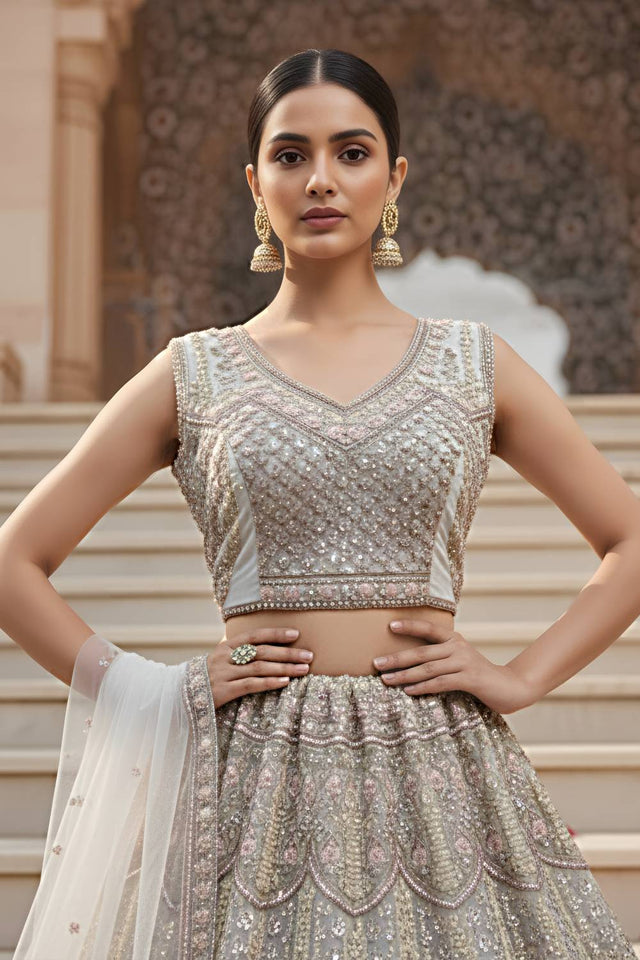 Off White Sequin with Stone Embossed Net Lehenga
