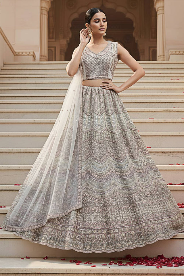 Off White Sequin with Stone Embossed Net Lehenga