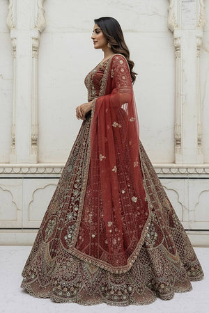 Red Sequin with Stone Embossed Organza Lehenga