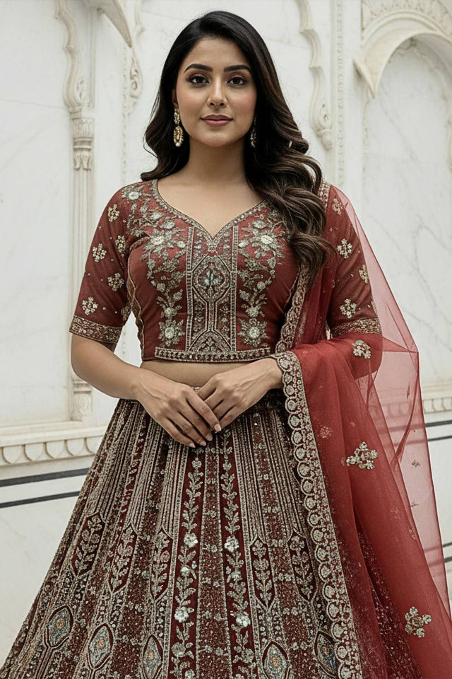 Red Sequin with Stone Embossed Organza Lehenga