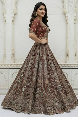 Red Sequin with Stone Embossed Organza Lehenga