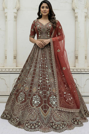 Red Sequin with Stone Embossed Organza Lehenga