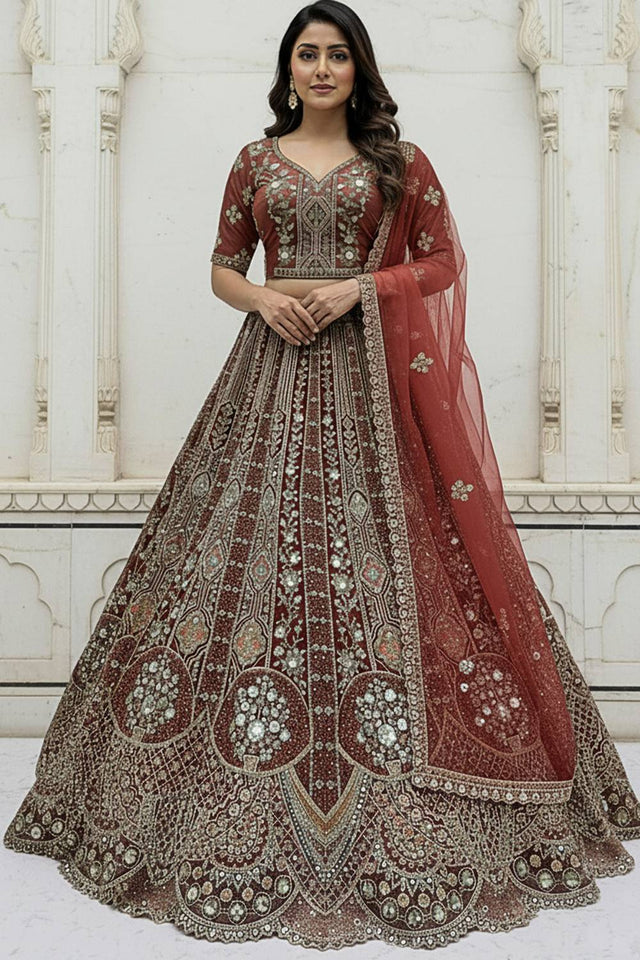 Red Sequin with Stone Embossed Organza Lehenga