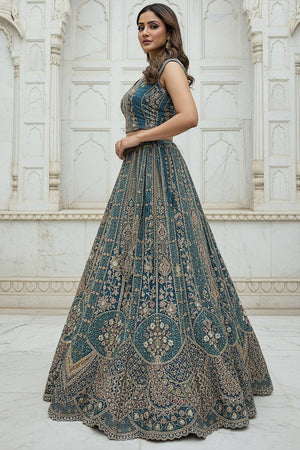 Turquoise Sequin with Stone Embossed Organza Lehenga