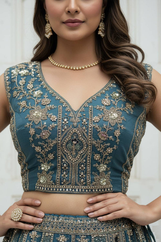 Turquoise Sequin with Stone Embossed Organza Lehenga